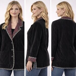 Koos of Course Womens Quilted Velvet Jacket Black Burgundy Paisley Blazer Size M